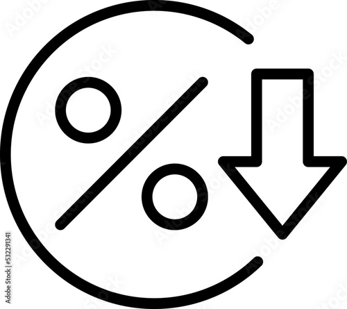 Percent down sign line icon or logo. Interest rate reduction percent down. Down arrow discounts vector line illustration.