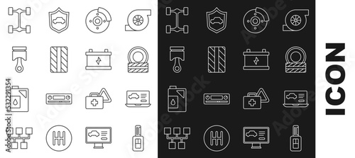 Set line Car key with remote, Diagnostics condition of car, tire wheel, brake disk caliper, Engine piston, Chassis and battery icon. Vector