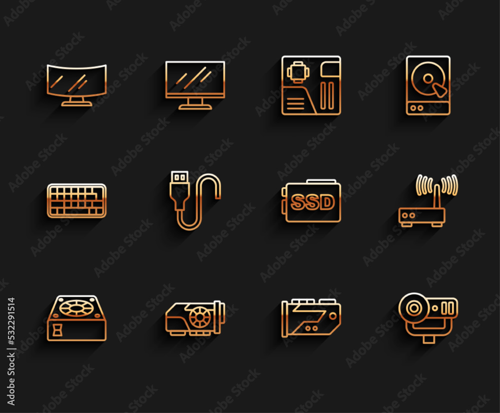 Set line Computer cooler, Video graphic card, monitor screen, Web camera, USB cable cord, Router and wi-fi signal and SSD icon. Vector Set line Computer cooler, Video graphic card, monitor screen, Web camera, USB cable cord, Router and wi-fi signal and SSD icon. Vector