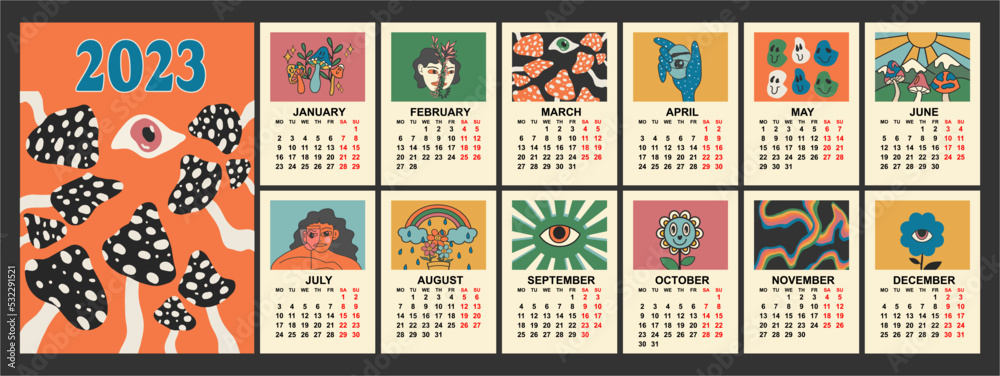 Retro clockwork 2023 calendar template with cartoon funny characters flower power, fly agaric, eye, smiley, rainbow, clockwork mushrooms. Vector. Vertical calendar.