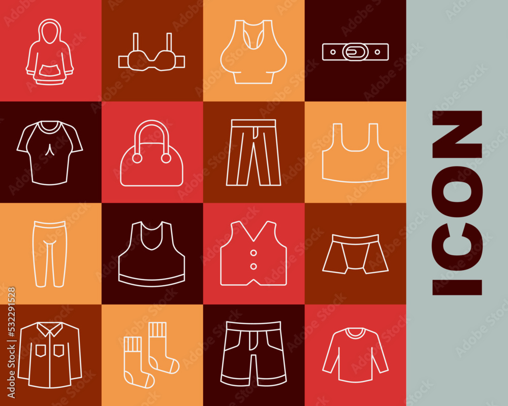 Set line Sweater, Men underpants, Undershirt, Handbag, T-shirt, Hoodie and Pants icon. Vector Set line Sweater, Men underpants, Undershirt, Handbag, T-shirt, Hoodie and Pants icon. Vector