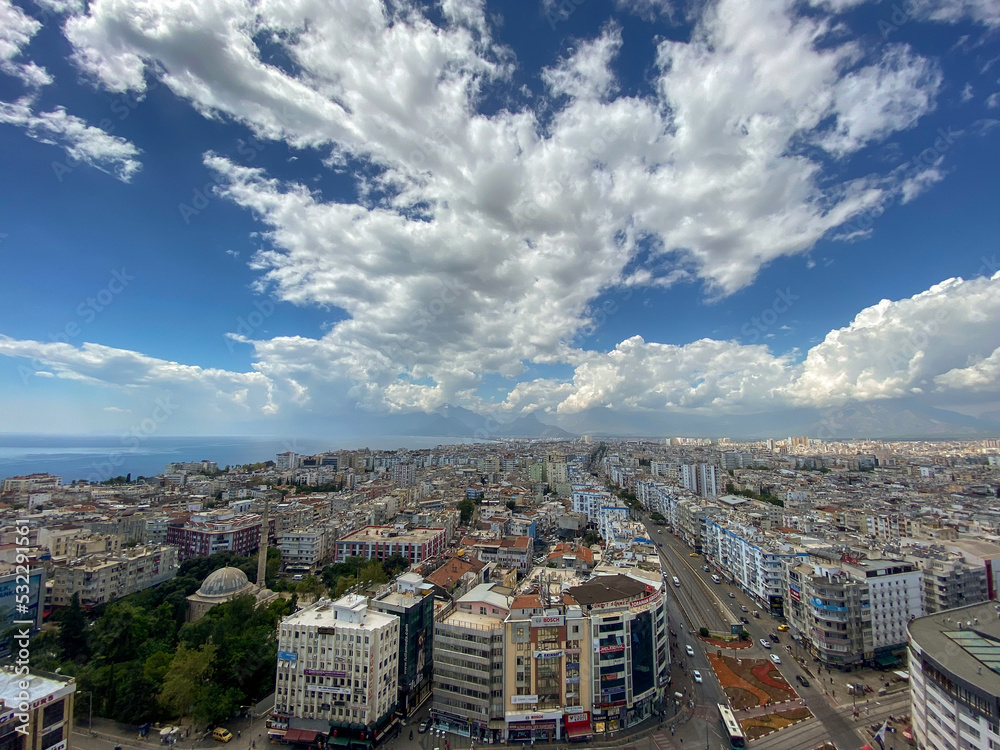 Antalya city view with mountain and cloudy skies