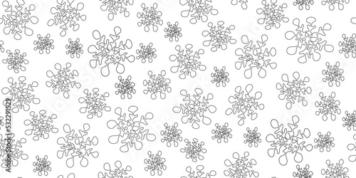 Christmas seamless pattern with outline silhouettes of snowflakes in childlike naive scribble style. Greeting card, gift packaging, wrapping paper. Funny scrabble style collection for happy new year. 