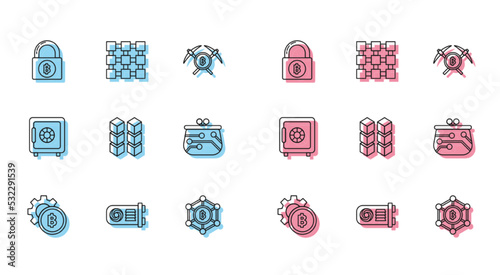 Set line Cryptocurrency coin Bitcoin, Mining farm, Lock with bitcoin, Blockchain technology, wallet, Safe and icon. Vector