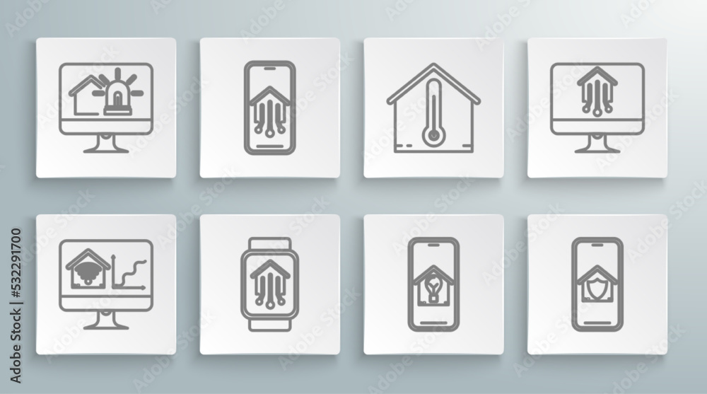 Set line Computer monitor with smart home with wi-fi, Mobile phone, Smart watch, house and light bulb, under protection, House temperature, and alarm icon. Vector Set line Computer monitor with smart home with wi-fi, Mobile phone, Smart watch, house and light bulb, under protection, House temperature, and alarm icon. Vector
