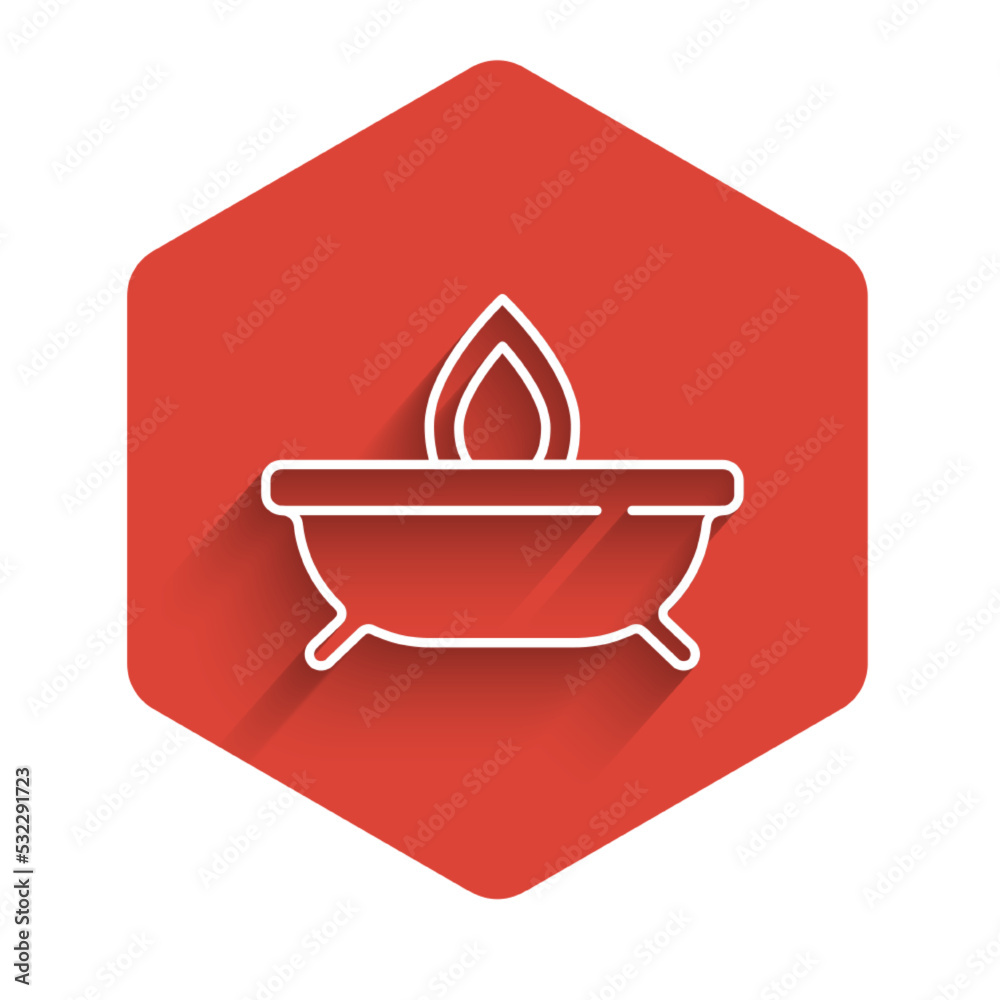 White line Aroma candle icon isolated with long shadow. Red hexagon button. Vector