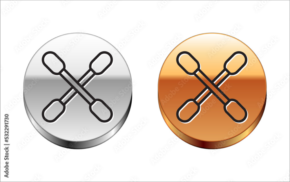Black line Cotton swab for ears icon isolated on white background. Silver-gold circle button. Vector Black line Cotton swab for ears icon isolated on white background. Silver-gold circle button. Vector