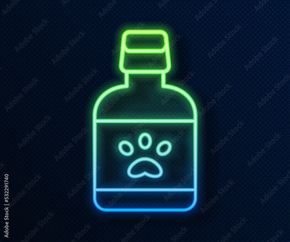 Glowing neon line Dog medicine bottle icon isolated on blue background. Container with pills. Prescription medicine for animal. Vector Glowing neon line Dog medicine bottle icon isolated on blue background. Container with pills. Prescription medicine for animal. Vector