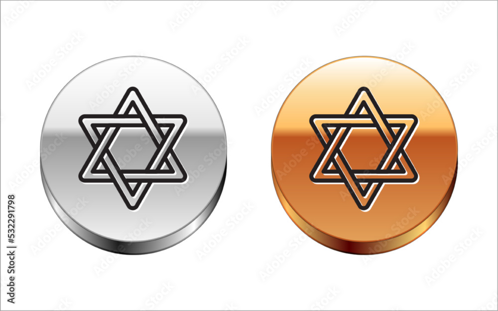 Black line Star of David icon isolated on white background. Jewish religion symbol. Symbol of Israel. Silver-gold circle button. Vector Black line Star of David icon isolated on white background. Jewish religion symbol. Symbol of Israel. Silver-gold circle button. Vector