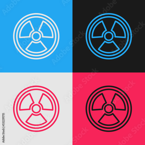 Pop art line Radioactive icon isolated on color background. Radioactive toxic symbol. Radiation Hazard sign. Vector