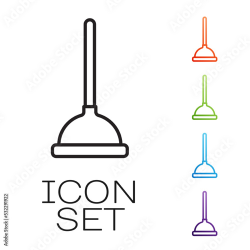 Black line Rubber plunger with wooden handle for pipe cleaning icon isolated on white background. Toilet plunger. Set icons colorful. Vector