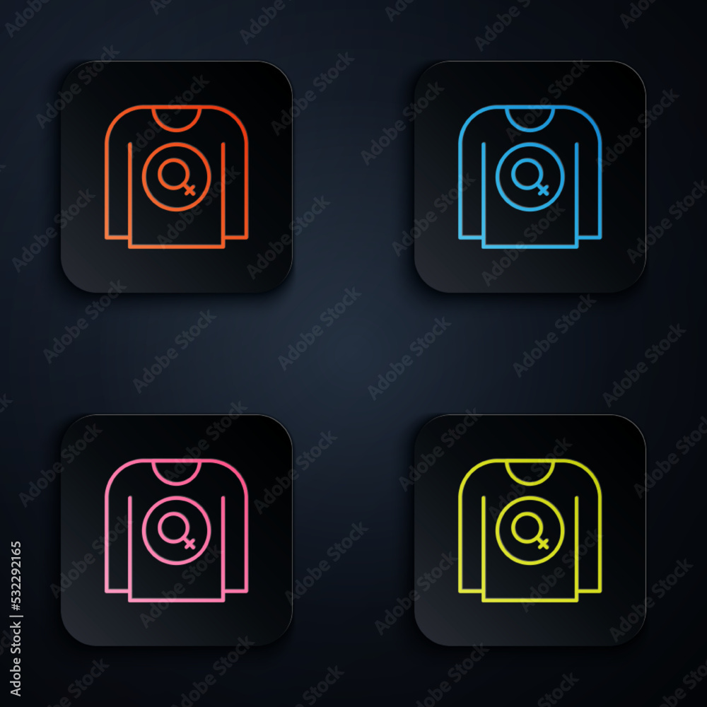 Color neon line Feminist shirt icon isolated on black background. Fight for freedom, independence, equality. Set icons in square buttons. Vector Color neon line Feminist shirt icon isolated on black background. Fight for freedom, independence, equality. Set icons in square buttons. Vector