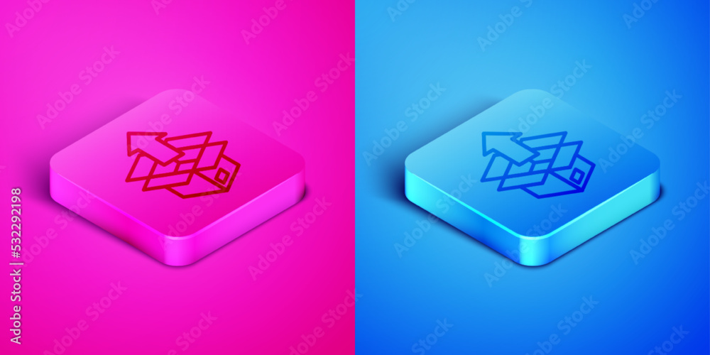 Isometric line Unboxing icon isolated on pink and blue background. Square button. Vector Isometric line Unboxing icon isolated on pink and blue background. Square button. Vector