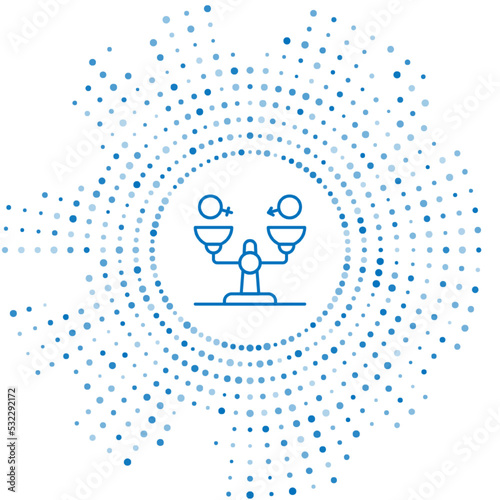 Blue line Gender equality icon isolated on white background. Equal pay and opportunity business concept. Abstract circle random dots. Vector