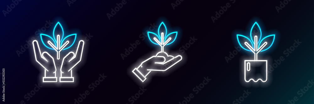 Set line Plant in bottle, hand of environmental protection and icon. Glowing neon. Vector Set line Plant in bottle, hand of environmental protection and icon. Glowing neon. Vector