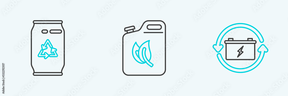 Set line Battery with recycle symbol, Can and can and Bio fuel canister icon. Vector Set line Battery with recycle symbol, Can and can and Bio fuel canister icon. Vector