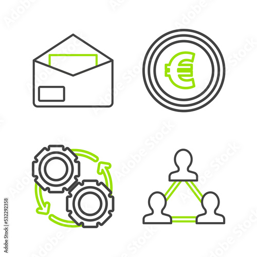 Set line Project team base, Gear and arrows workflow process concept, Coin money with euro symbol and Envelope icon. Vector