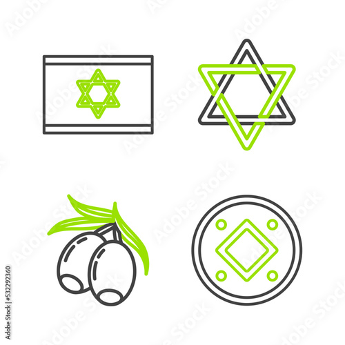 Set line Jewish coin, Olives branch, Star of David and Flag Israel icon. Vector