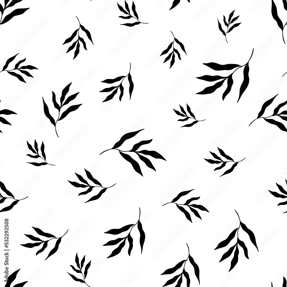 Seamless tropical leaf pattern. Black and white botanical pattern. Floral digital paper in a minimalistic Scandinavian style. Seamless tropical leaf pattern. Black and white botanical pattern. Floral digital paper in a minimalistic Scandinavian style.