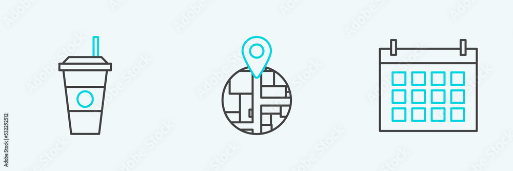 Set line Calendar, Coffee cup and icon. Vector Set line Calendar, Coffee cup and icon. Vector
