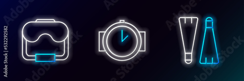 Set line Rubber flippers for swimming, Diving mask and watch icon. Glowing neon. Vector
