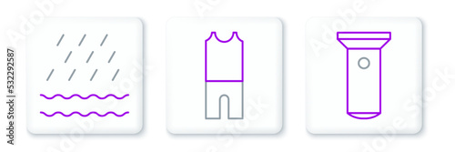 Set line Flashlight, Rain and waves and Wetsuit for scuba diving icon. Vector