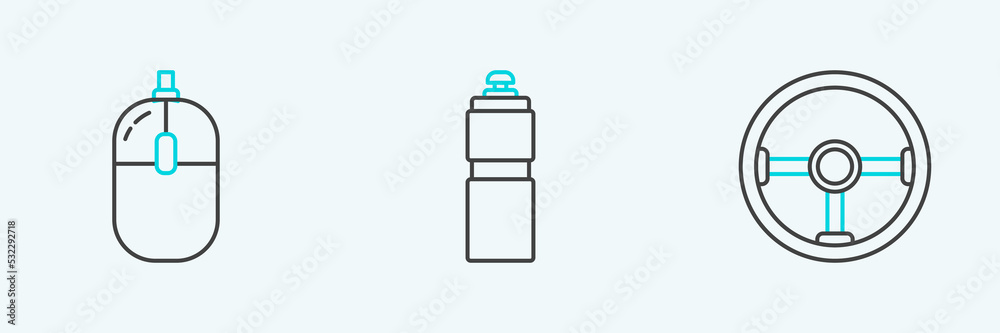 Set line Steering wheel, Computer mouse and Fitness shaker icon. Vector