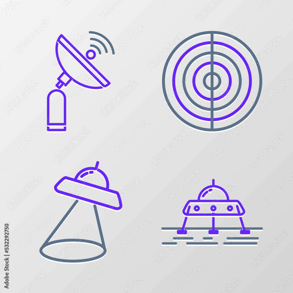 Set line Mars rover, UFO flying spaceship, Earth structure and Radar icon. Vector Set line Mars rover, UFO flying spaceship, Earth structure and Radar icon. Vector