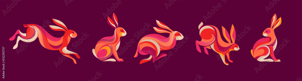 Collection of running, jumping rabbits, bunnies illustrations. Chinese new year 2023 year of the rabbit, Chinese zodiac symbol.  - obrazy, fototapety, plakaty 