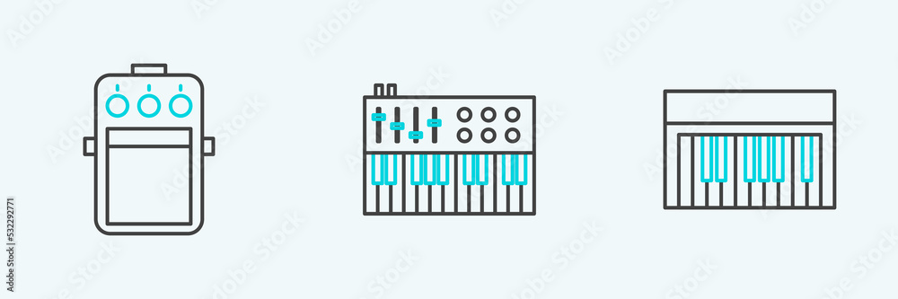 Set line Music synthesizer, Guitar pedal and icon. Vector Set line Music synthesizer, Guitar pedal and icon. Vector