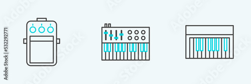 Set line Music synthesizer  Guitar pedal and icon. Vector