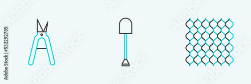 Set line Garden fence wooden, Gardening handmade scissors and Shovel icon. Vector