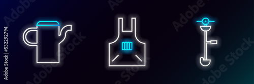Set line Grass and weed electric string trimmer, Watering can and Kitchen apron icon. Glowing neon. Vector