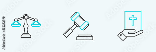 Set line Oath on the Holy Bible, Scales of justice and Judge gavel icon. Vector