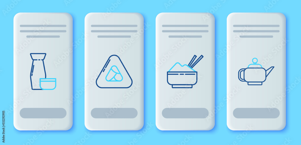 Set line Sushi, Rice in a bowl with chopstick, Traditional Japanese tea ceremony and icon. Vector