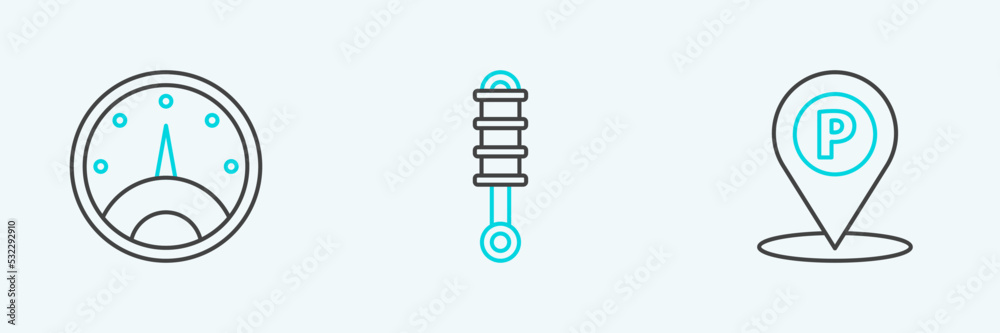 Set line Location with parking, Speedometer and Shock absorber icon. Vector Set line Location with parking, Speedometer and Shock absorber icon. Vector