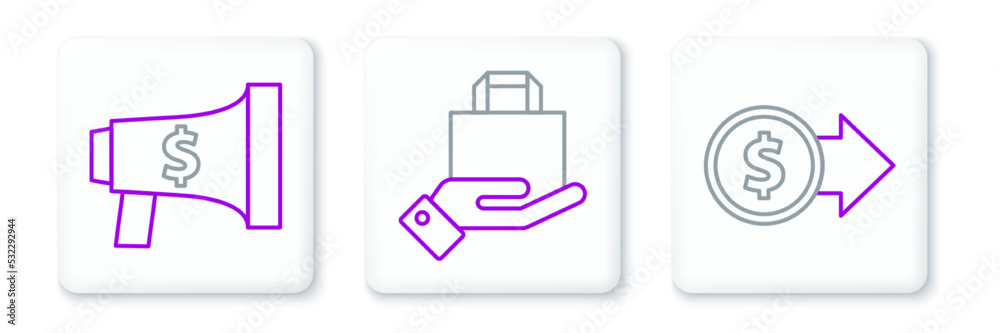 Set line Coin money with dollar symbol, Megaphone and and Hand paper shopping bag icon. Vector Set line Coin money with dollar symbol, Megaphone and and Hand paper shopping bag icon. Vector