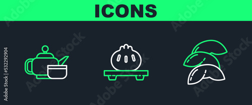 Set line Chinese fortune cookie, Japanese tea ceremony and Dumpling cutting board icon. Vector