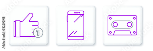 Set line Retro audio cassette tape, Hand like and Smartphone, mobile phone icon. Vector