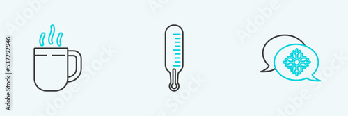 Set line Snowflake with speech bubble, Coffee cup and Meteorology thermometer measuring icon. Vector