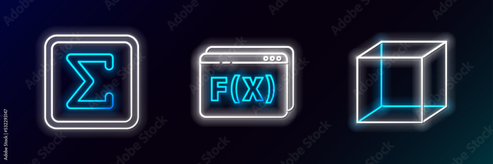 Set line Geometric figure Cube, Sigma symbol and Function mathematical icon. Glowing neon. Vector Set line Geometric figure Cube, Sigma symbol and Function mathematical icon. Glowing neon. Vector