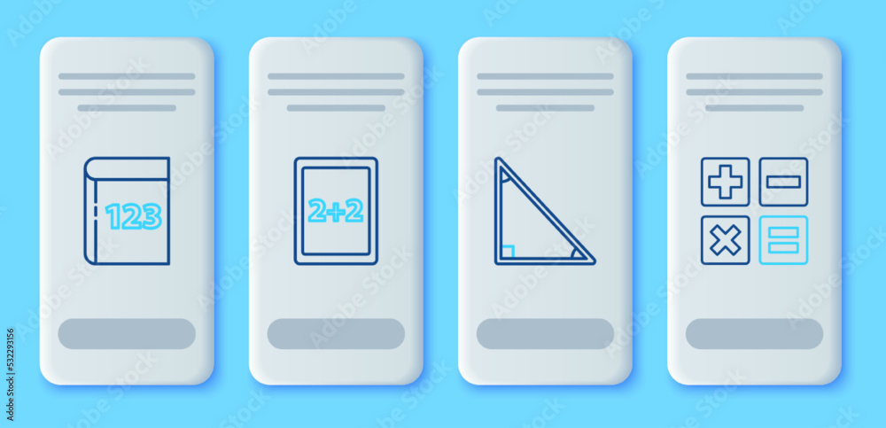 Set line Tablet with calculator, Triangle math, Book word mathematics and Calculator icon. Vector Set line Tablet with calculator, Triangle math, Book word mathematics and Calculator icon. Vector