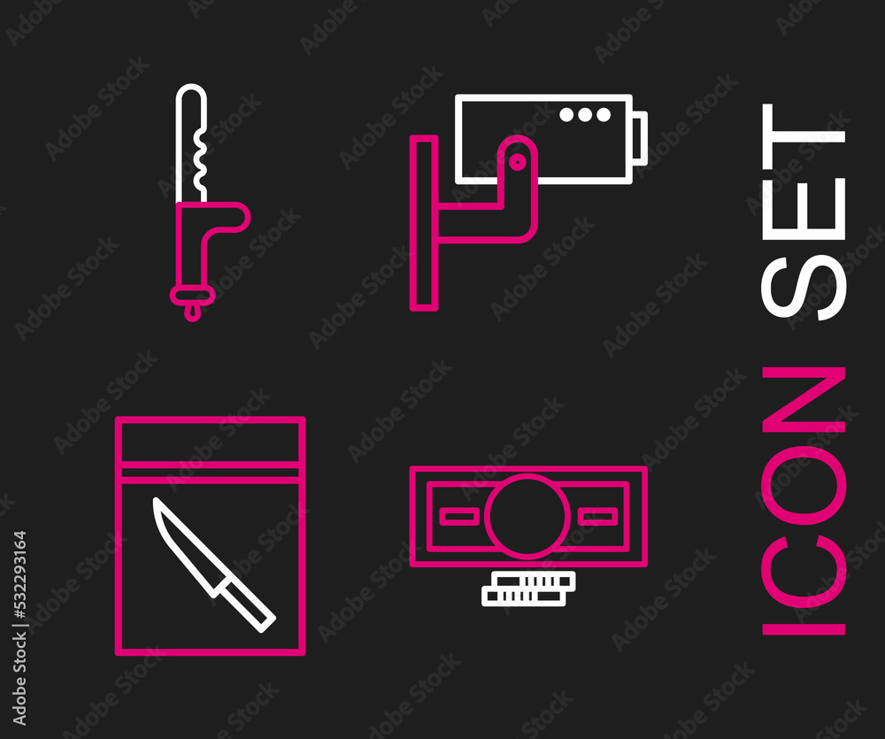 Set line Stacks paper money cash, Evidence bag and knife, Security camera and Police rubber baton icon. Vector Set line Stacks paper money cash, Evidence bag and knife, Security camera and Police rubber baton icon. Vector