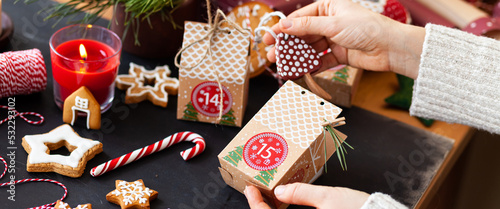 Canvas Print Preparing original Advent holiday calendar for Christmas or New year as countdown to Christmas Eve for kids