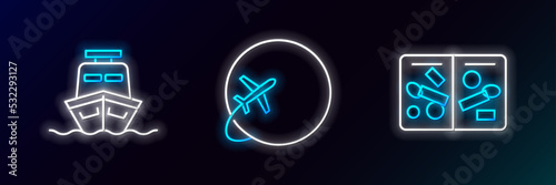 Set line Passport pages with visa stamps, Ship and Globe flying plane icon. Glowing neon. Vector