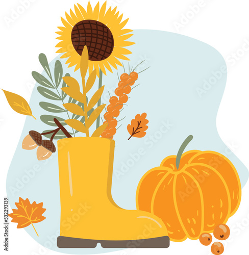 set of sunflowers, leaves, pumpkins, and fruits in a boot 