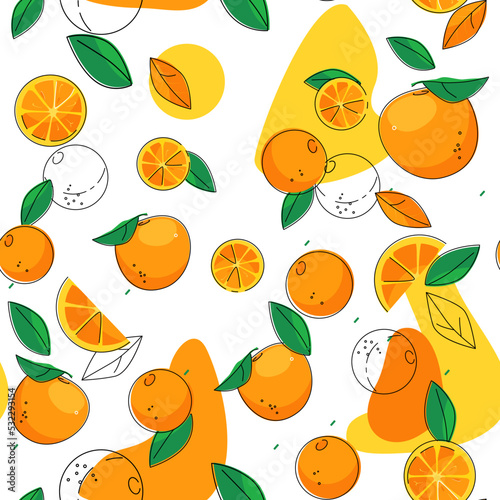 Seamless pattern with orange fruits. Suitable for fabric or wrapping paper or summer background or juice box. Vector illustration in doodle cartoon style.