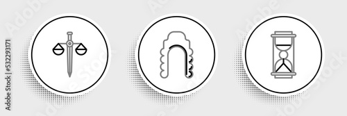 Set line Old hourglass with sand, Scales of justice and Judge wig icon. Vector