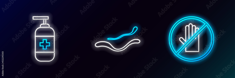 Set line No handshake, Bottle of liquid antibacterial soap and Ebola virus disease icon. Glowing neon. Vector Set line No handshake, Bottle of liquid antibacterial soap and Ebola virus disease icon. Glowing neon. Vector