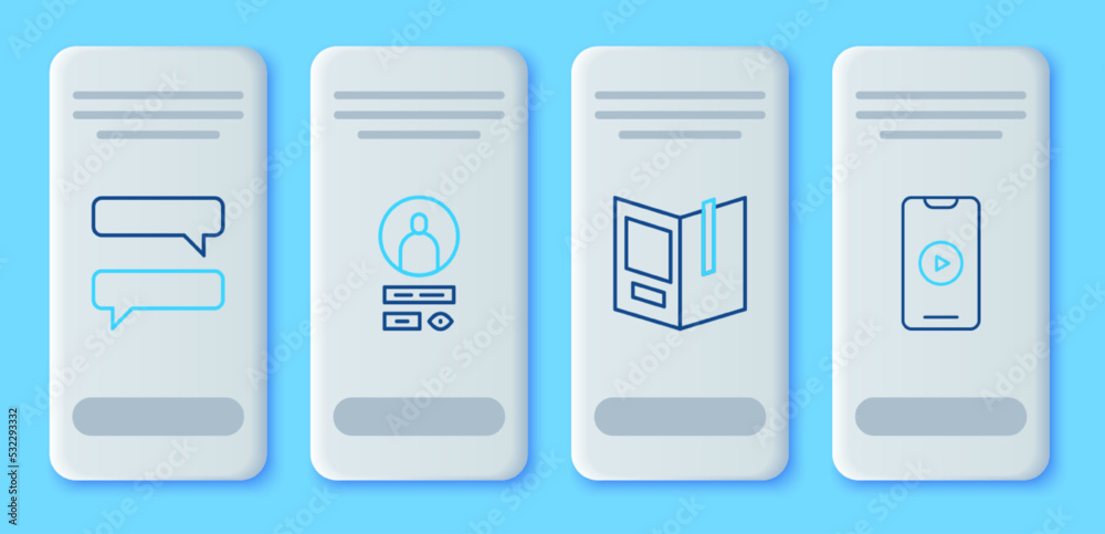 Set line Create account screen, Open book, Speech bubble chat and Online play video icon. Vector Set line Create account screen, Open book, Speech bubble chat and Online play video icon. Vector